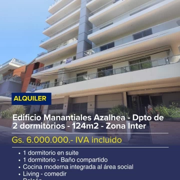 Departamento en alquiler de 2 dormitorios - Edificio Manantiales Azalhea Gs.6.000.000.-