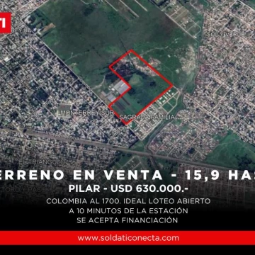 Terreno de 16 Has en Venta, a 10' de la Estación Pte Derqui, Pilar