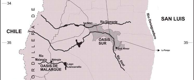 Mapa del Oasis Sur de Mendoza mostrando la irrigación de los Ríos Diamante y Atuel - Seguridad Hídrica para Inversiones en San Rafael