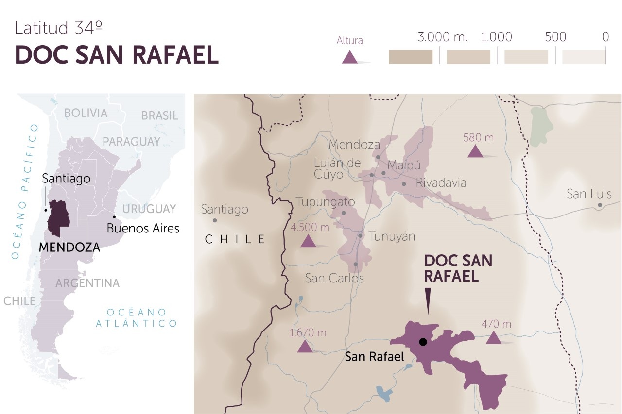 Map showing DOC San Rafael wine region location in Mendoza compared to Lujan de Cuyo - Investment grade vineyards