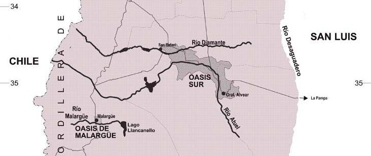 Southern Oasis map showing Diamante and Atuel rivers irrigation system ensuring water rights for agriculture in San Rafael