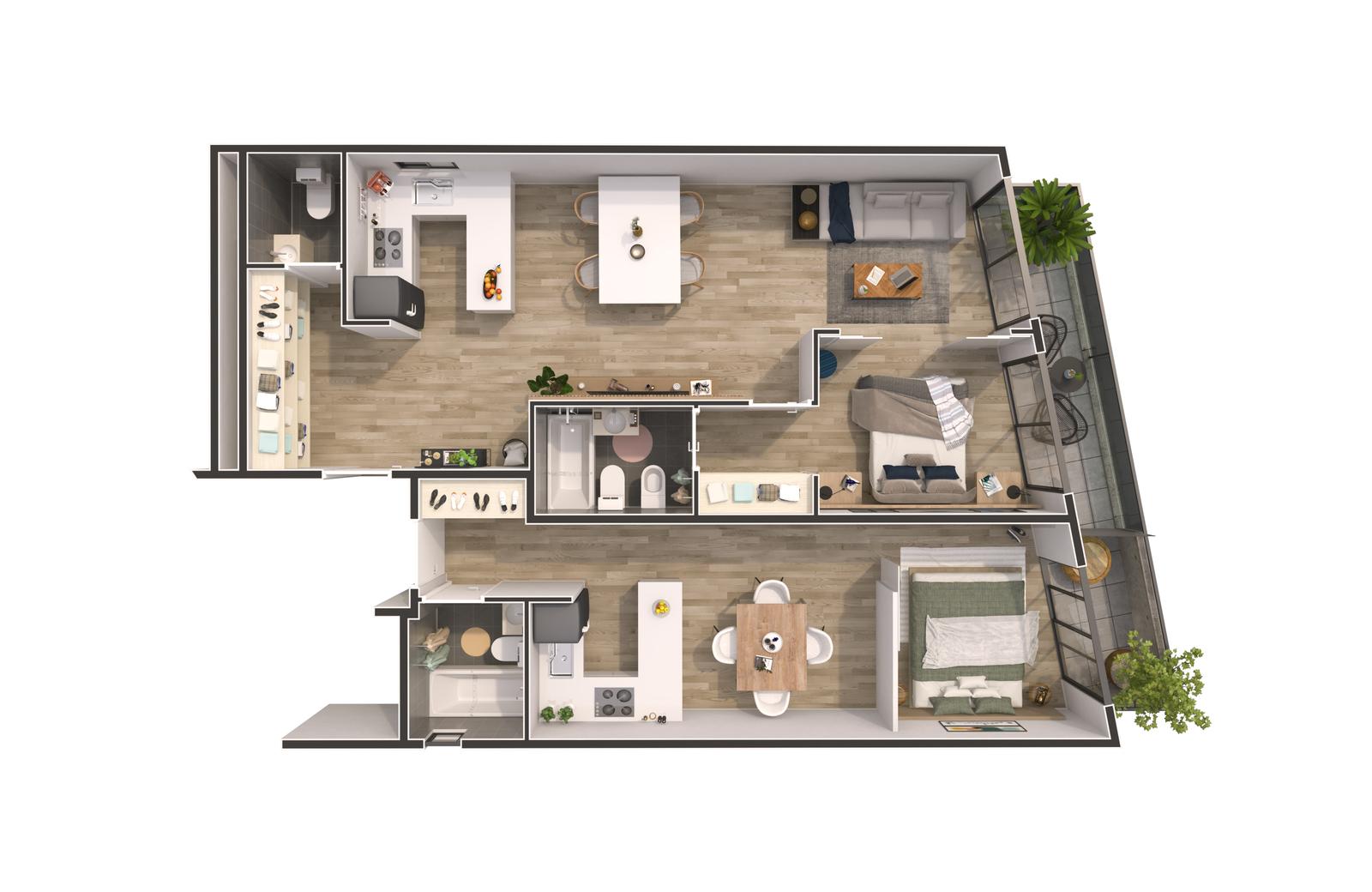 Planta 3D Unidades monoambientes y 2 ambientes