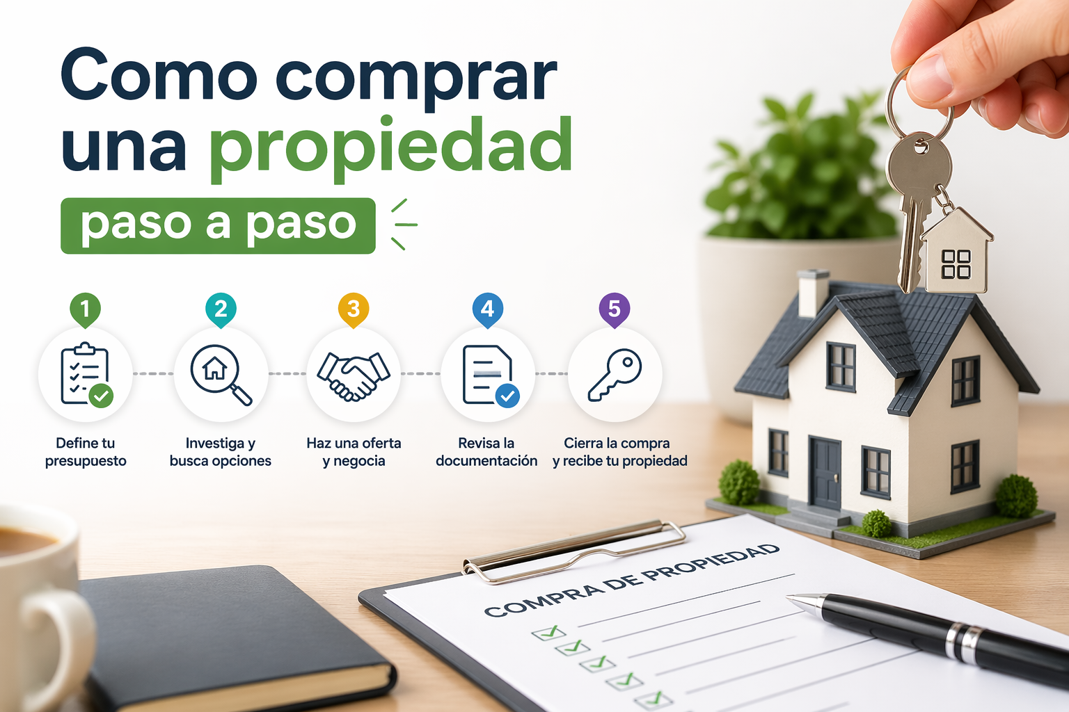 Ilustración de una guía para comprar una propiedad: una mano sostiene llaves con forma de casa sobre una maqueta de vivienda, acompañada de un escritorio con contrato, lapicera y cuaderno; al fondo, íconos representan las etapas del proceso de compra, como búsqueda, negociación y cierre.