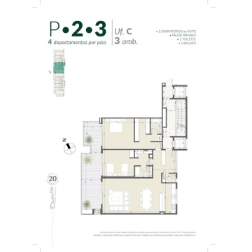Venta exclusivo 3 ambientes, 2 dormitorios en Suite, cochera, Torre Esmeralda, Puerto Escondido