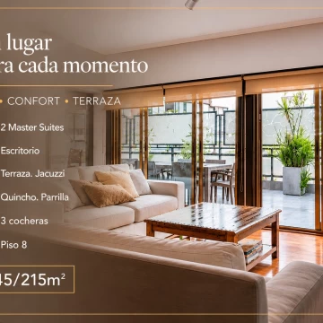 Gran balcón aterrazado. Jacuzzi· Quincho. Parrilla· 2 Master Suites.  Escritorio· 3 cocheras fijas · Piso 8. 175/215m2.