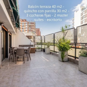 Gran balcón aterrazado. Jacuzzi· Quincho. Parrilla· 2 Master Suites.  Escritorio· 3 cocheras fijas · Piso 8. 175/215m2.