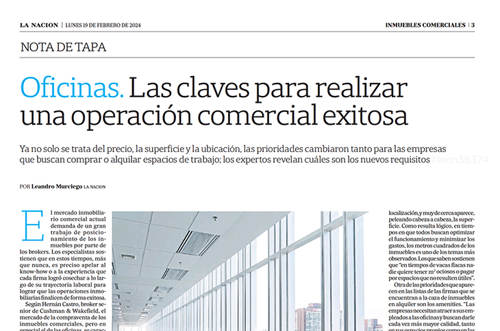 Adrián Mercado en La Nación, nota de tapa Inmuebles Comerciales.