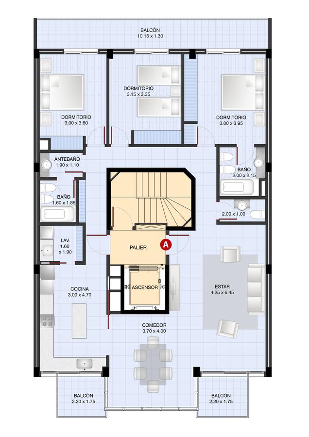 Planta modelo de 6º al 8º piso