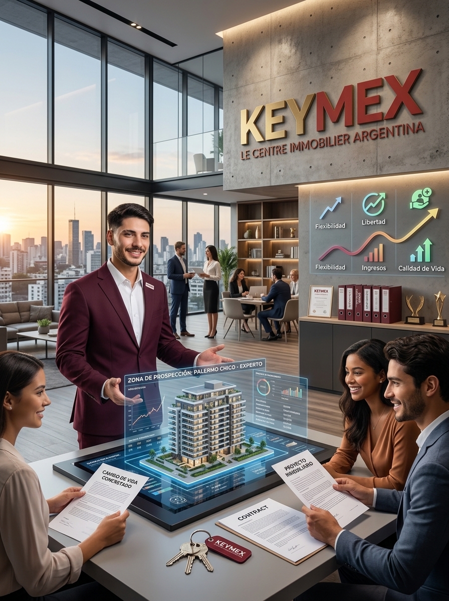 Agente KEYMEX presentando un proyecto inmobiliario a sus clientes en un centro KEYMEX
